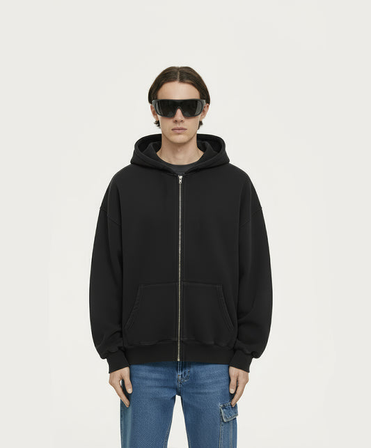 OVERSIZED SOLID BLACK ZIPPER HOODIE