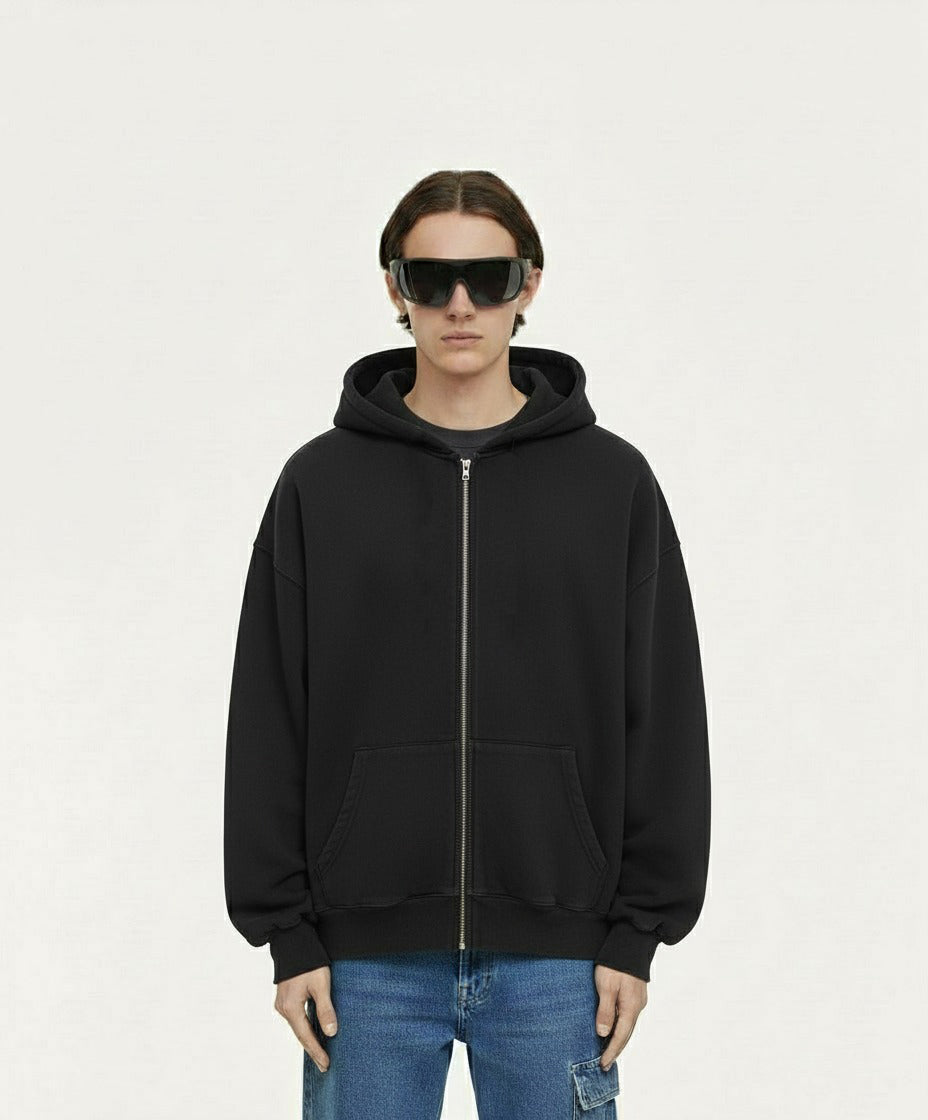 OVERSIZED SOLID BLACK ZIPPER HOODIE