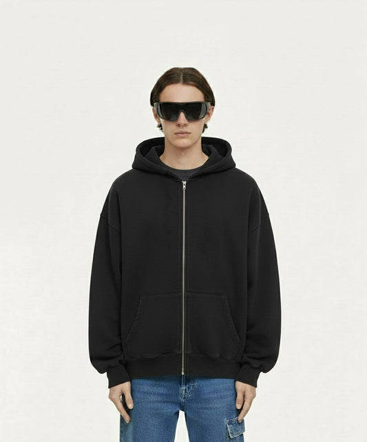 OVERSIZED SOLID BLACK ZIPPER HOODIE